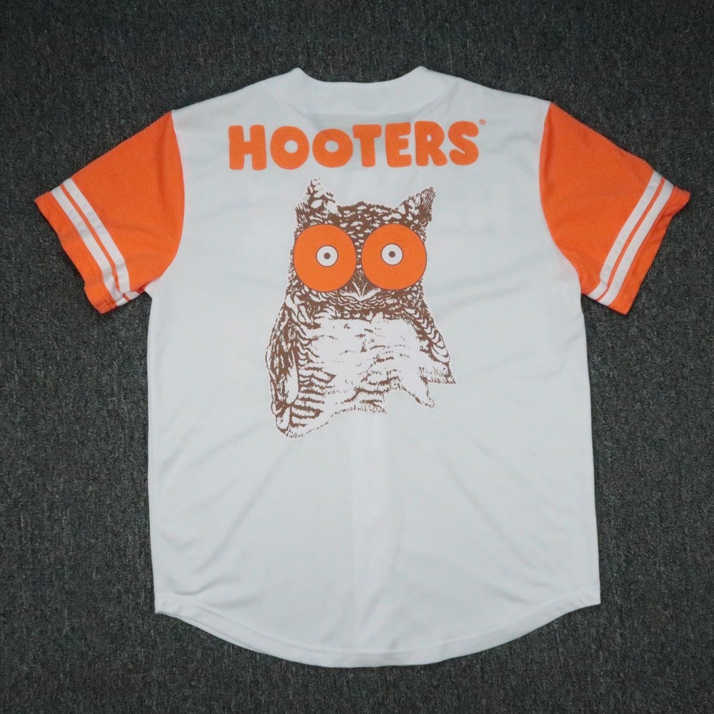Hooters Jersey Mens Large White Orange Baseball Short Sleeve Button Shirt
